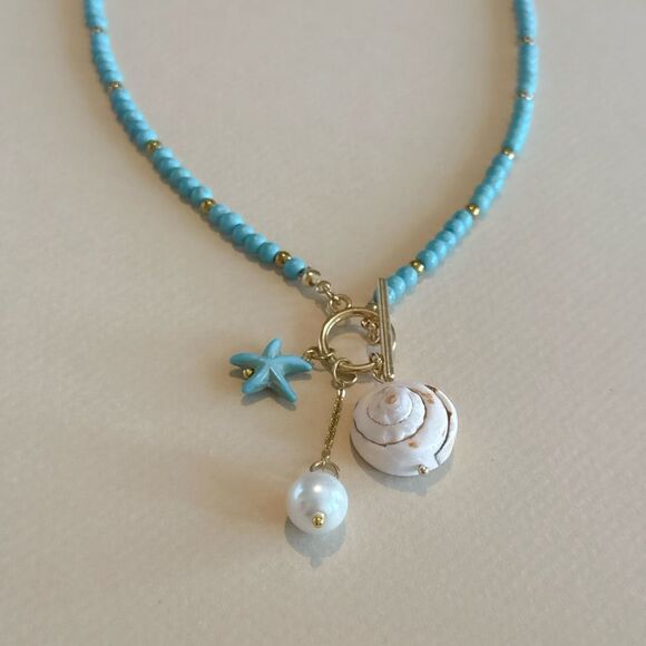 Turquoise Beaded Necklace with Gold Accents S853 - Picture 3 of 4